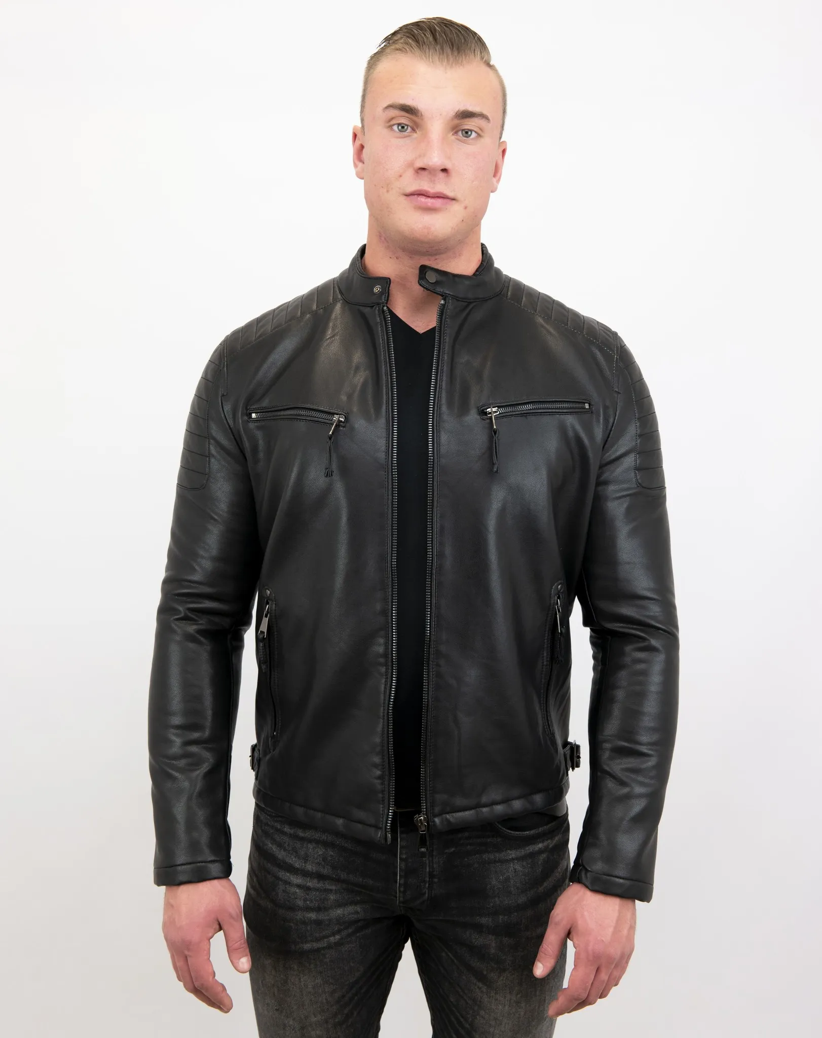BIKER JACK  IMITATIE LEREN JAS HEREN  ZWART