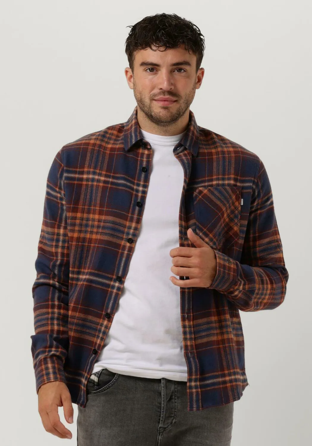 blauwe cast iron casual overhemd long sleeve shirt brushed twill check regular fit