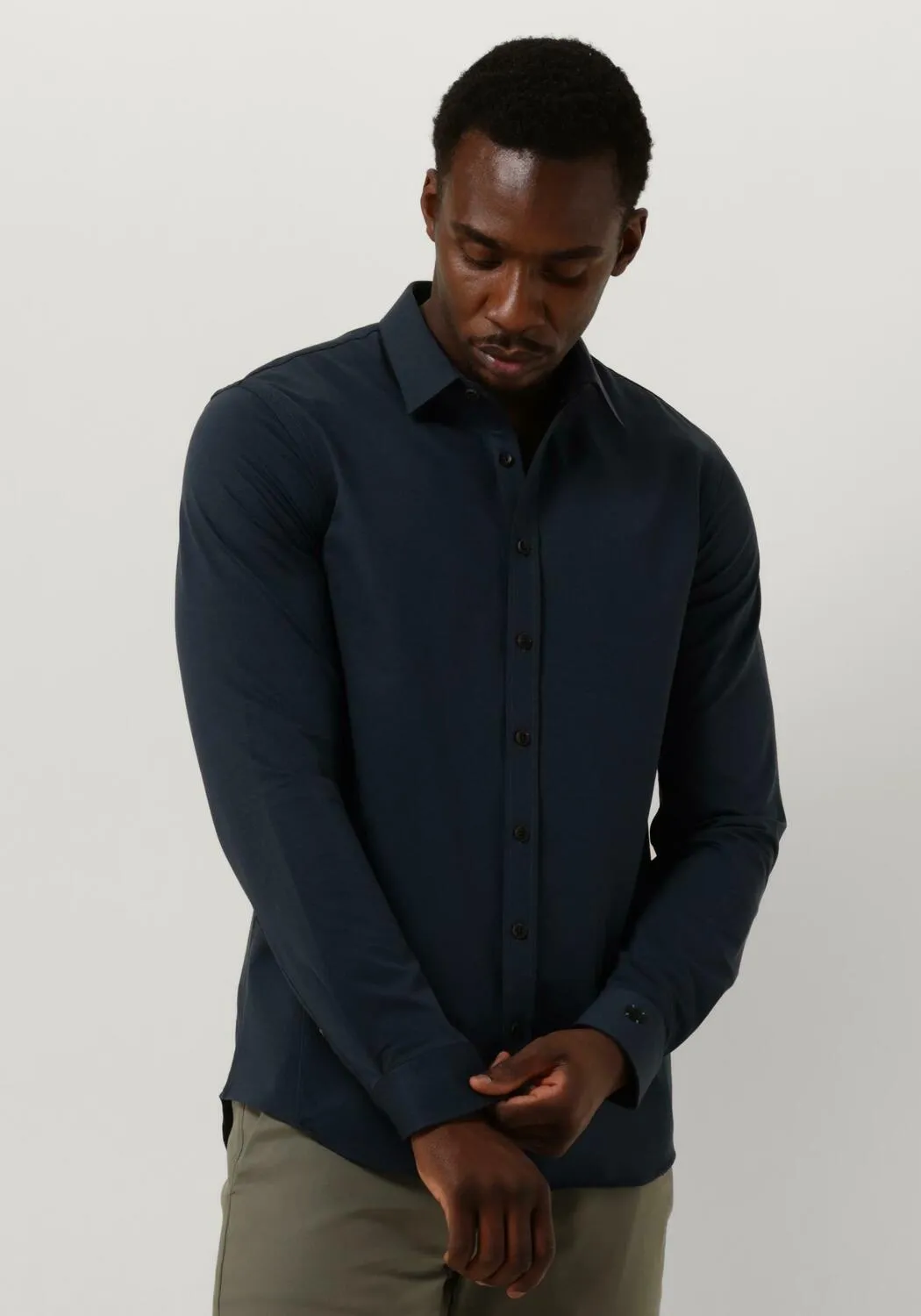 blauwe cast iron klassiek overhemd long sleeve shirt twill jersey 2 tone