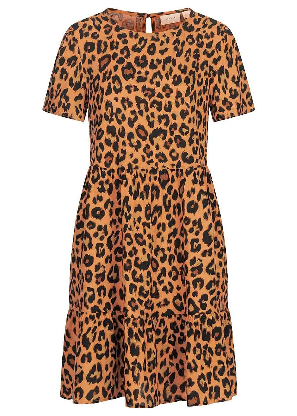 VILA DAMES NOOS VISCOSE JURK MET VOLANTS EN LEOOPDRUK BRUIN ZWART