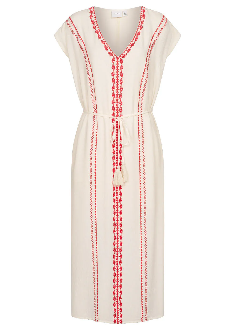 VILA Dames Viscose Jurk met gehaakte bies en ceintuur beige rood